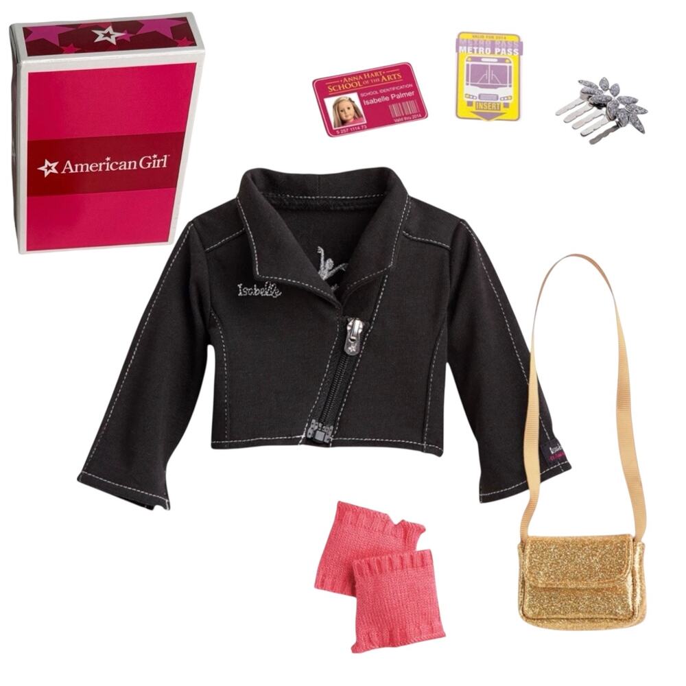 American Girl Isabelle Accessories Purse Jacket ID Hair Pin Wrist Warmers Box